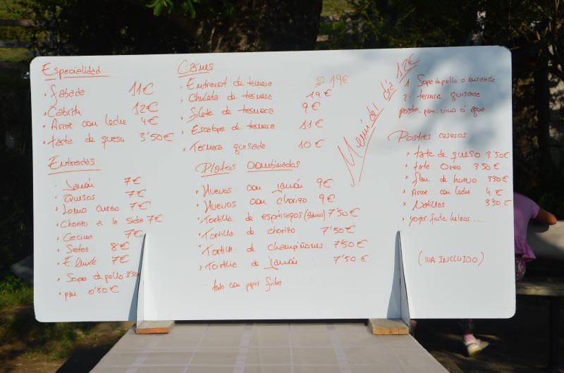 Carta de precios, restaurante en los Lagos de Covadonga.