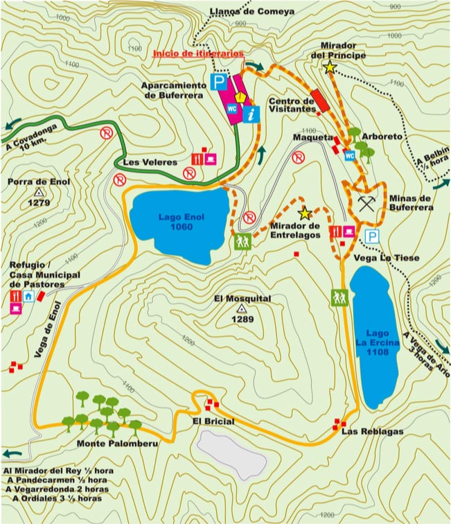 Plano de la ruta de senderismo por los lagos de covadonga.